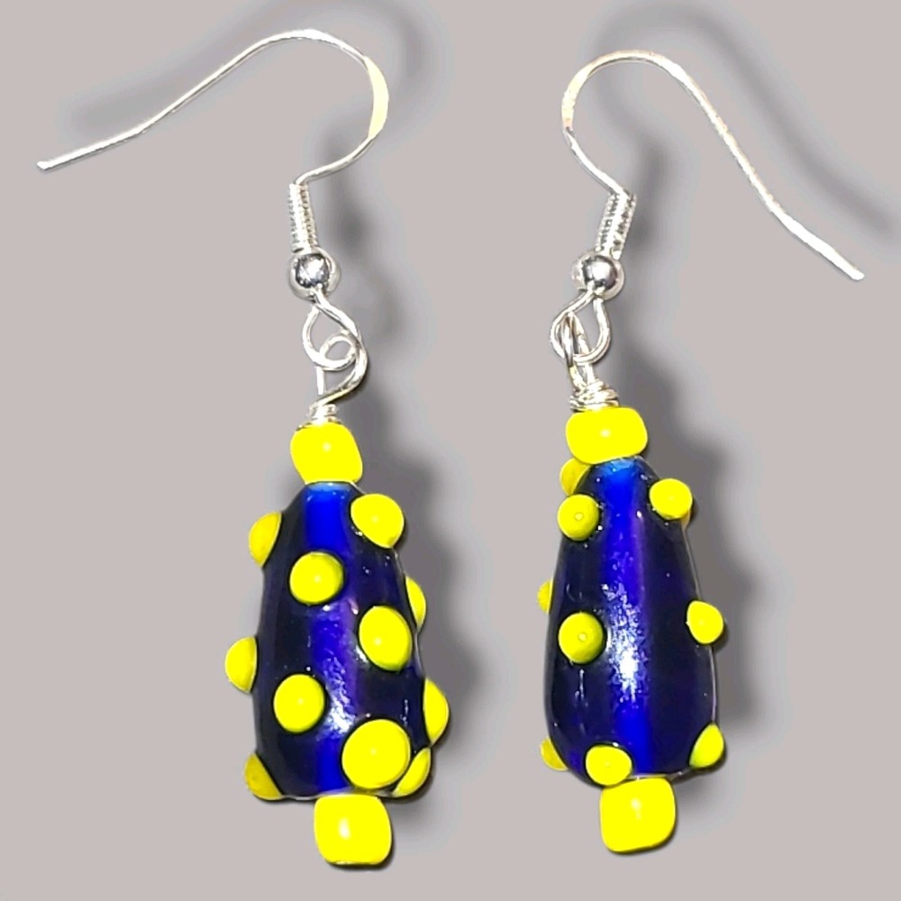 Sterling Silver 925‎ Lampwork Earrings Blue Yellow Bumpy Dot Glass Bead Handmade